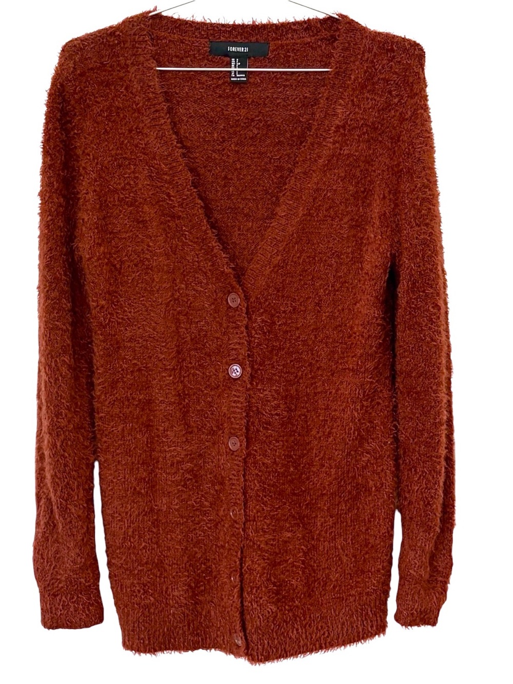 Forever 21 Rust Fuzzy Button-Front V-Neck Cardigan